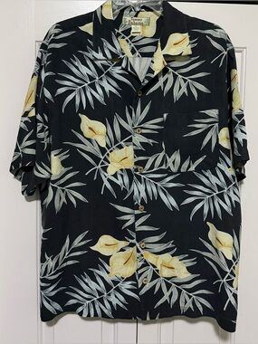 Tommy Bahama Mens Medium Floral Black Yellow Hawaiian Vtg Button Up Shirt